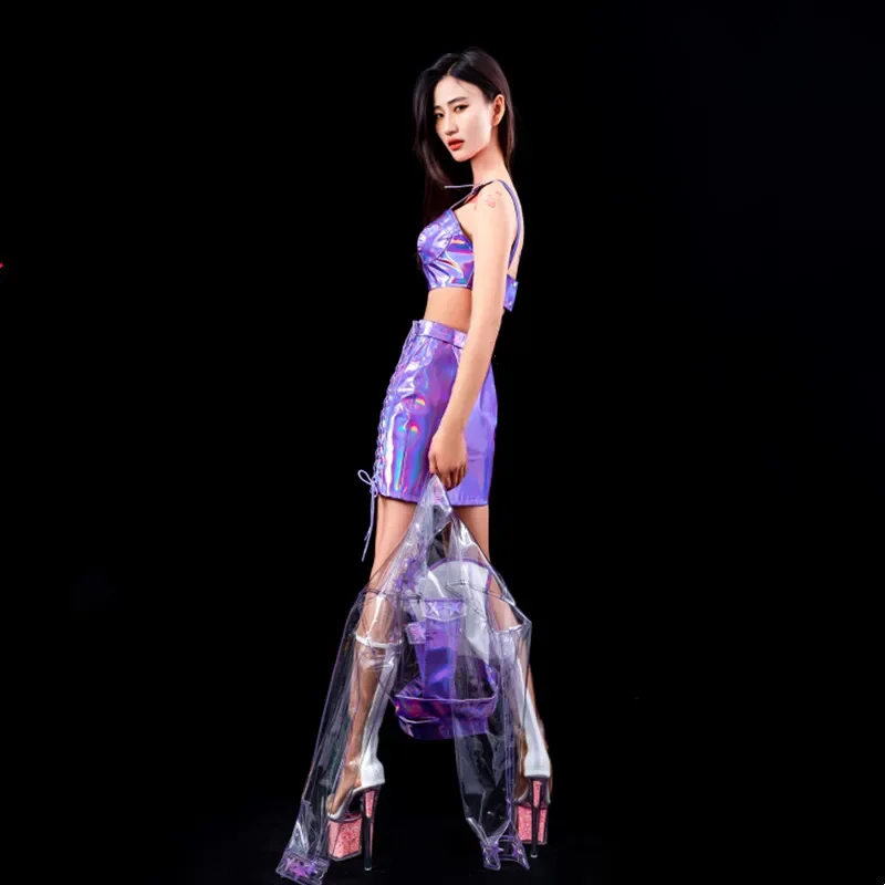 Bar Nightclub Sexy Jazz Dance Costume Purple Leather Tops Skirt See Through Hooded Coat Performance Outfit Team Rave Clothing