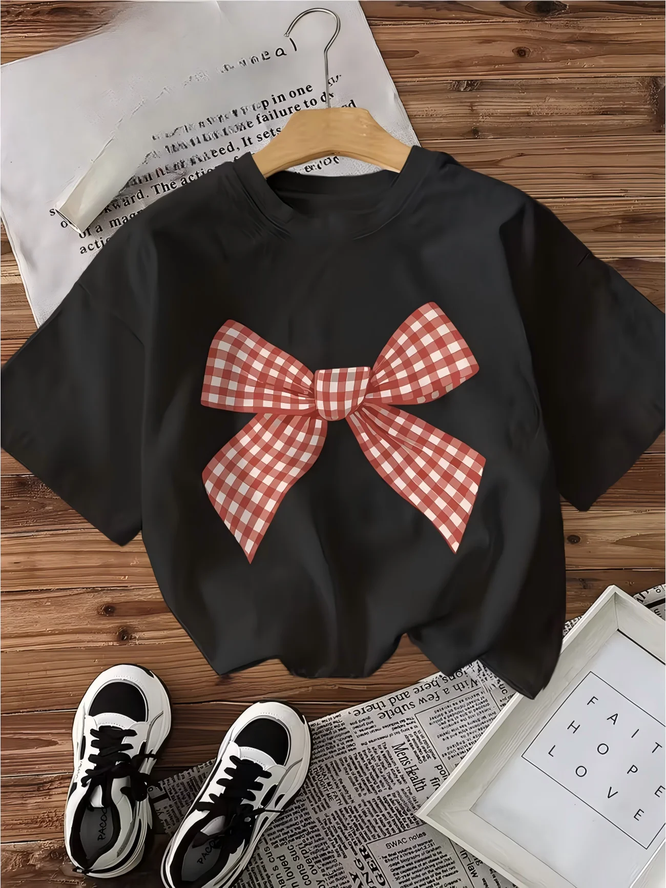 Coquette Aesthetic Big Bow T-Shirt Plaid Ribbon Graphic Tee Summer Short Sleeve Y2K Kawaii Girly Harajuku Trendy Fashion Tops