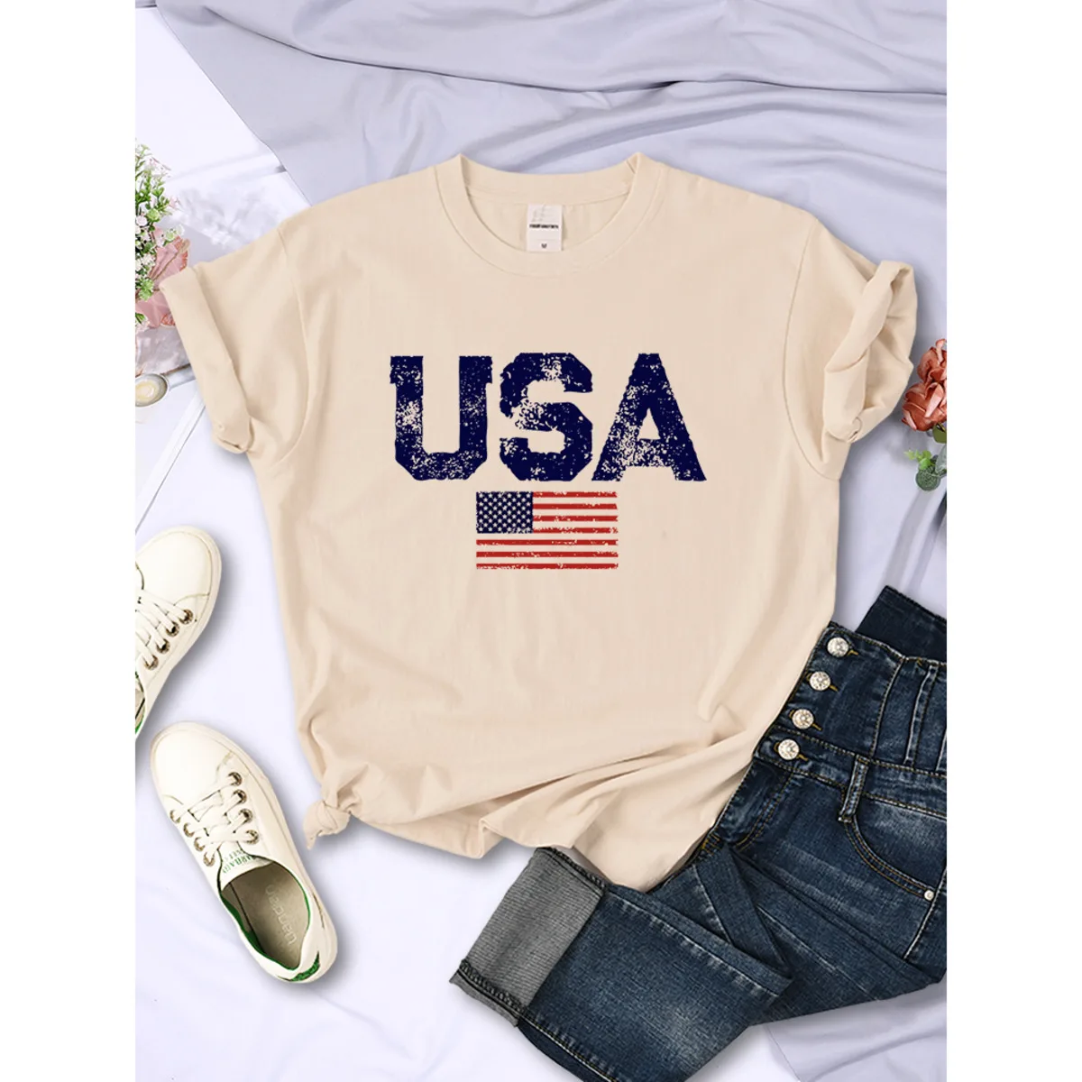 Camiseta feminina com letras da bandeira americana estampada, listras e estrelas, camiseta de rua hip hop, roupa feminina respirável, verão