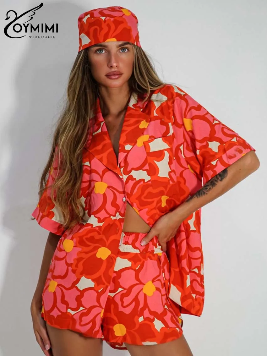 Oymimi Fashion Orange Print 2 Piece Sets Women Outfit Casual Half Sleeve Single Breasted Shirts + High Waist Pockets Shorts Sets