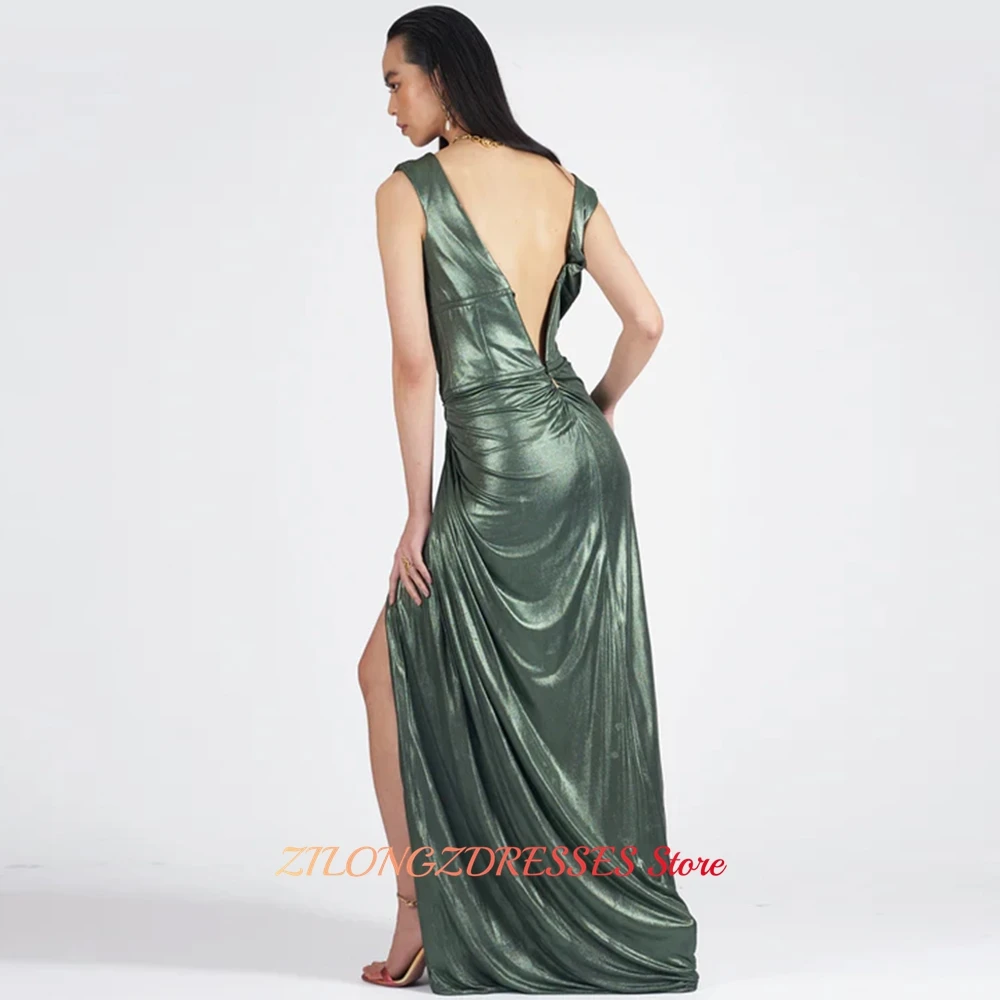 Sexy V-Neck Sleeveless Prom Dresses Customized Green Satin Evening Dress Modern Open Back High Split Special Occasion Gowns image 2