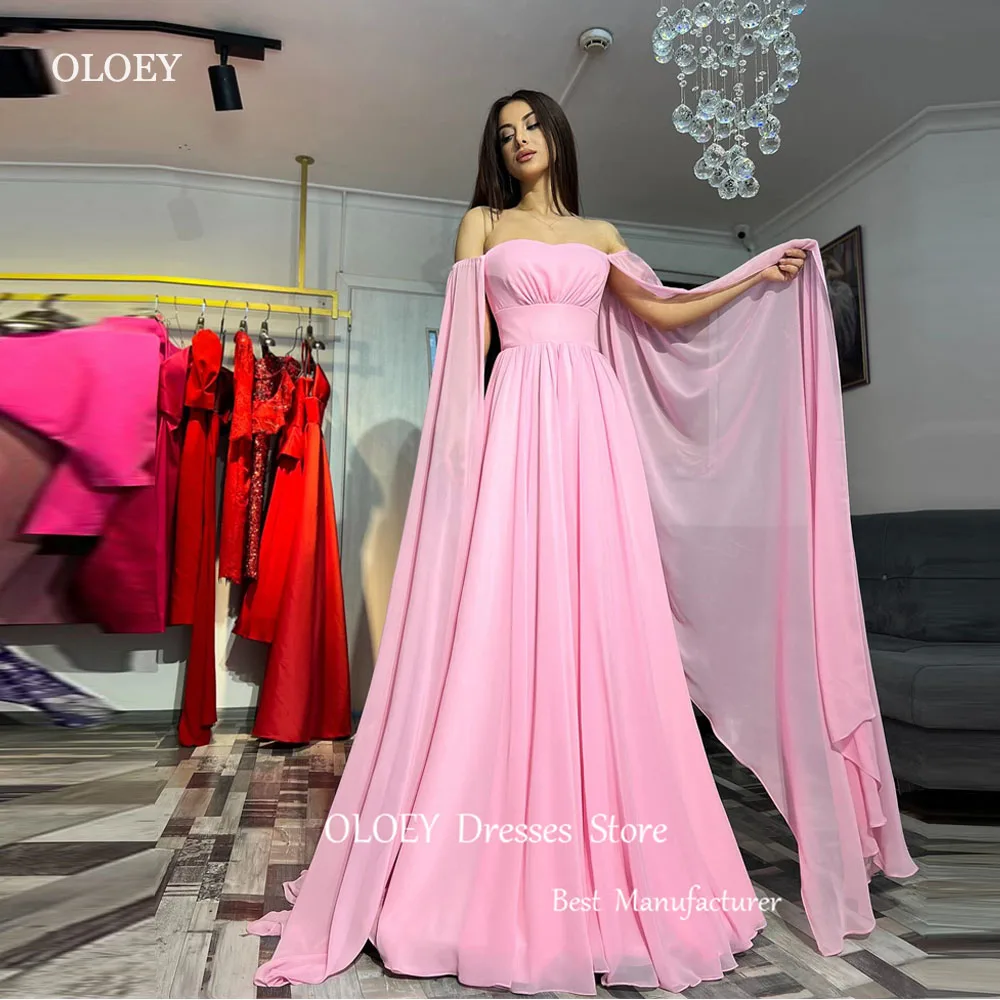 

OLOEY Sexy Off Shoulder Pink Chiffon Evening Dresses Long Cape Sleeves Floor Length Prom Gowns Formal Party Dress Arabic Dubai