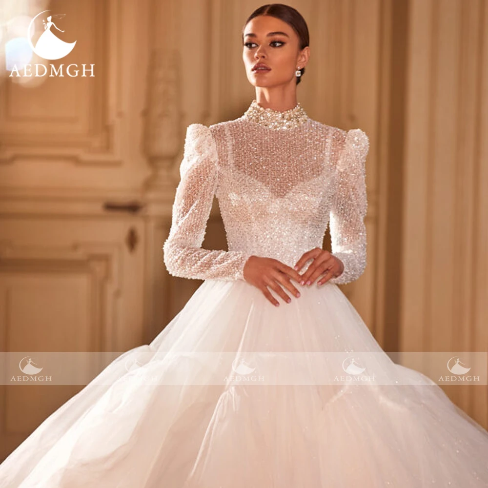 Aedmgh Ball Gown Luxury Wedding Dresses 2024 High Neck Long Sleeve Vestido De Novia Lace Beaded Elegant Princess Robe De Mariee