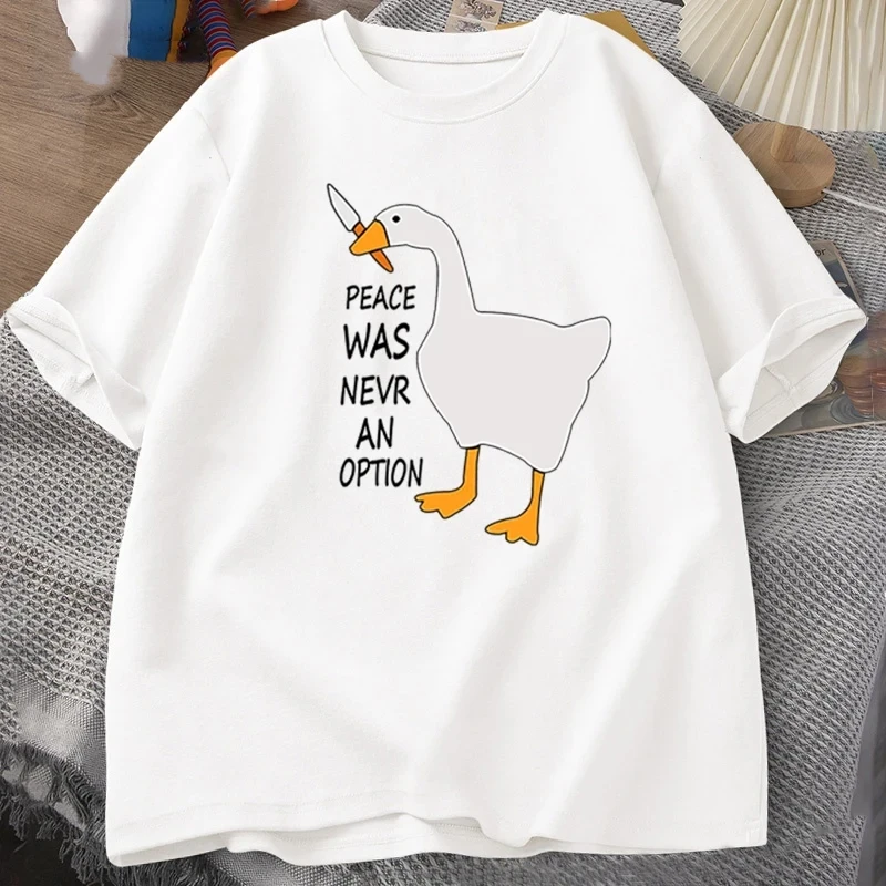 

Summer men Goose Peace Never At Option English printed cartoon duck 100% cotton T-shirt Casual short-sleeved clothing