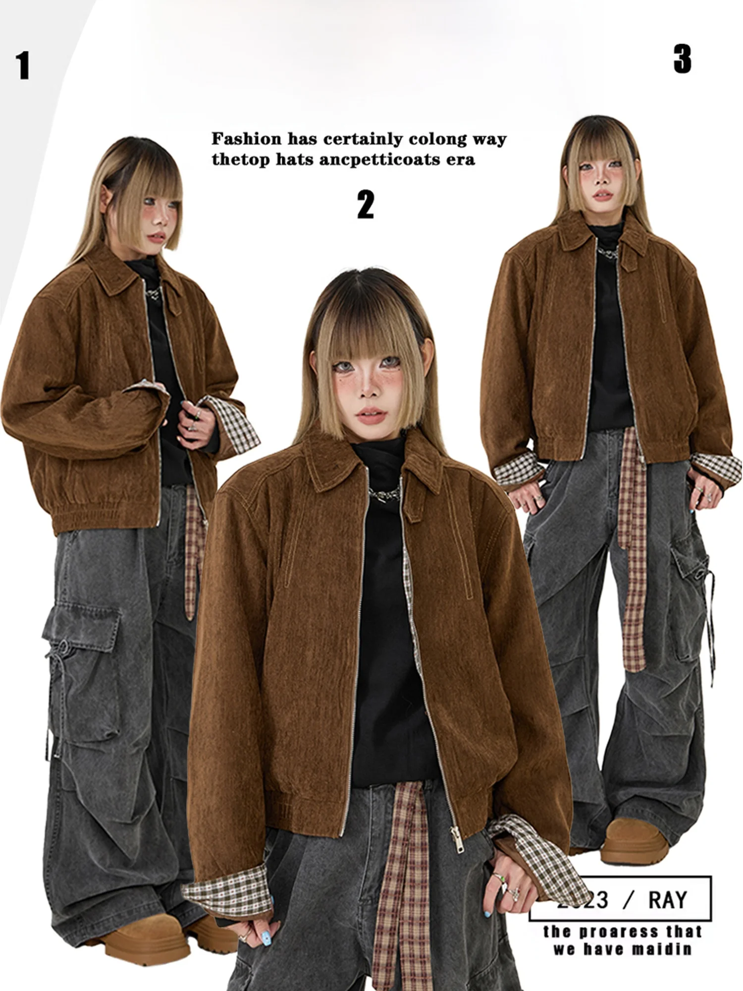 Retro American Brown Faux Suede Harrington Jaet Loose Casual Outerwear for Couples Trendy Polyester Blend Long Sve