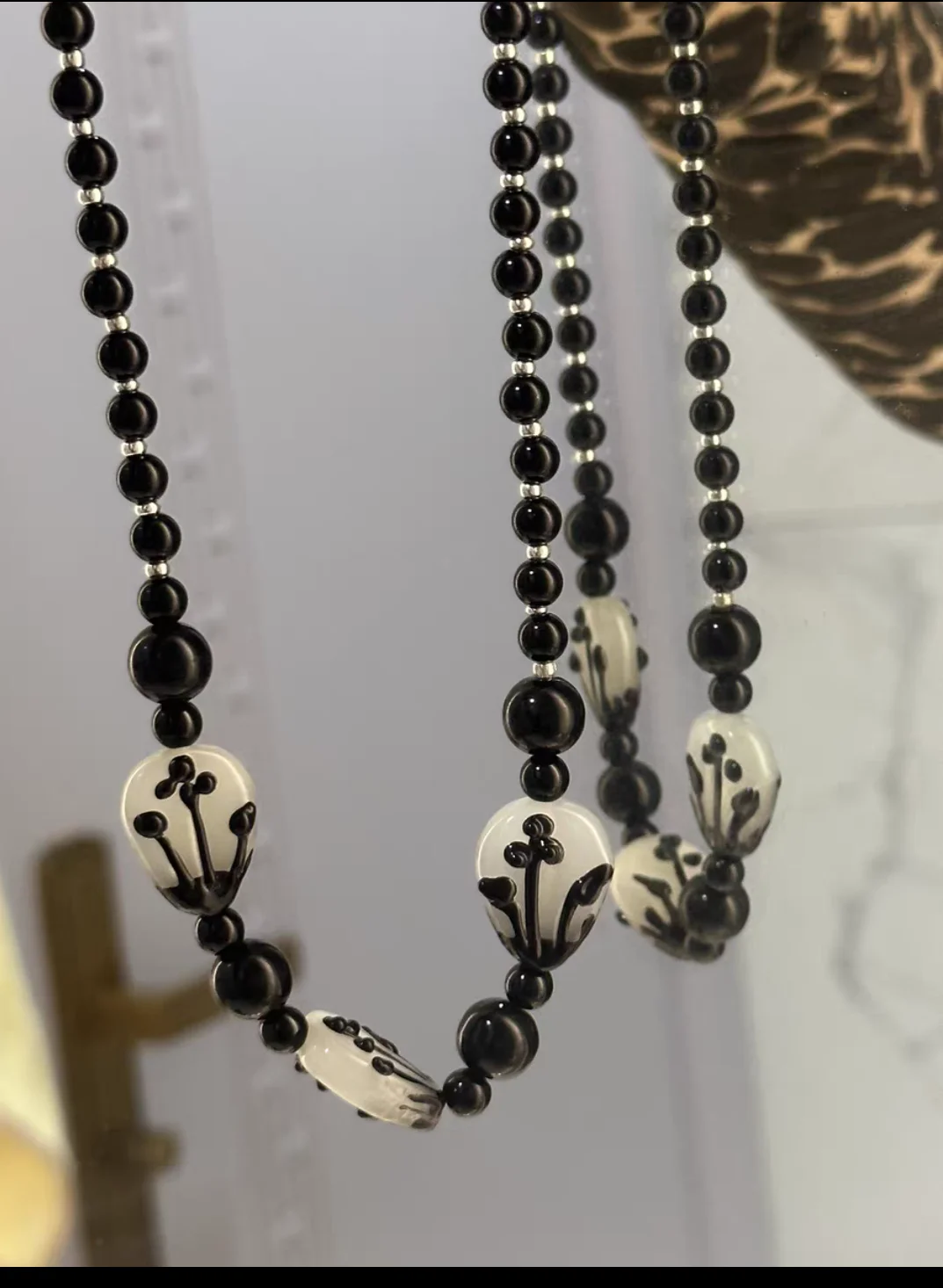 New Vintage Handmade Murano Lampwork Glass Black Tulip Beads Chain Necklace Jewelry