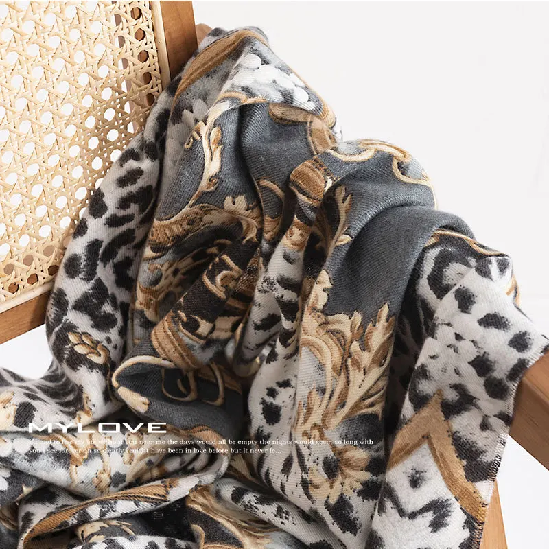 Bufanda con estampado de leopardo para mujer, bufanda cálida, moderna y versátil, estilo de lujo ligero, elegante, Europa y América, invierno, nuevo