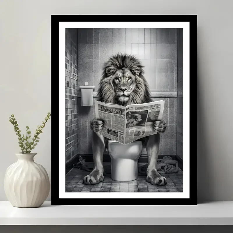 1pc frameless Canvas Painting Animal Wall Art, Black and White Toilet, Lion Reading Newspaper on The Toilet, Canvas Painting, Mo