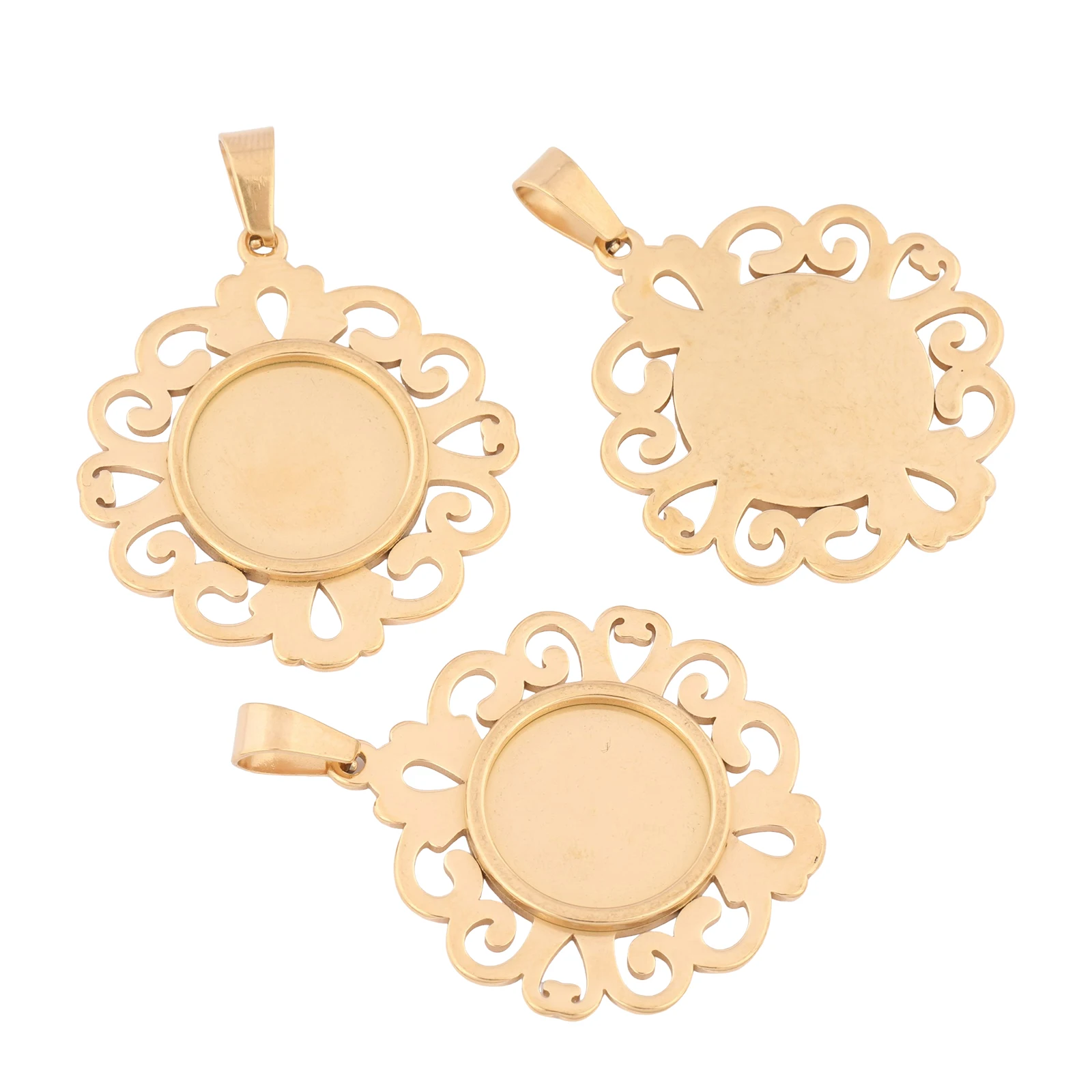 Image of 5 Stück Edelstahl vergoldet, passend für 15mm Blumen-Cabochon-Basiseinlagen, DIY-Lünetten-Anhängerbasen für die Schmuckherstellung von Halsketten
