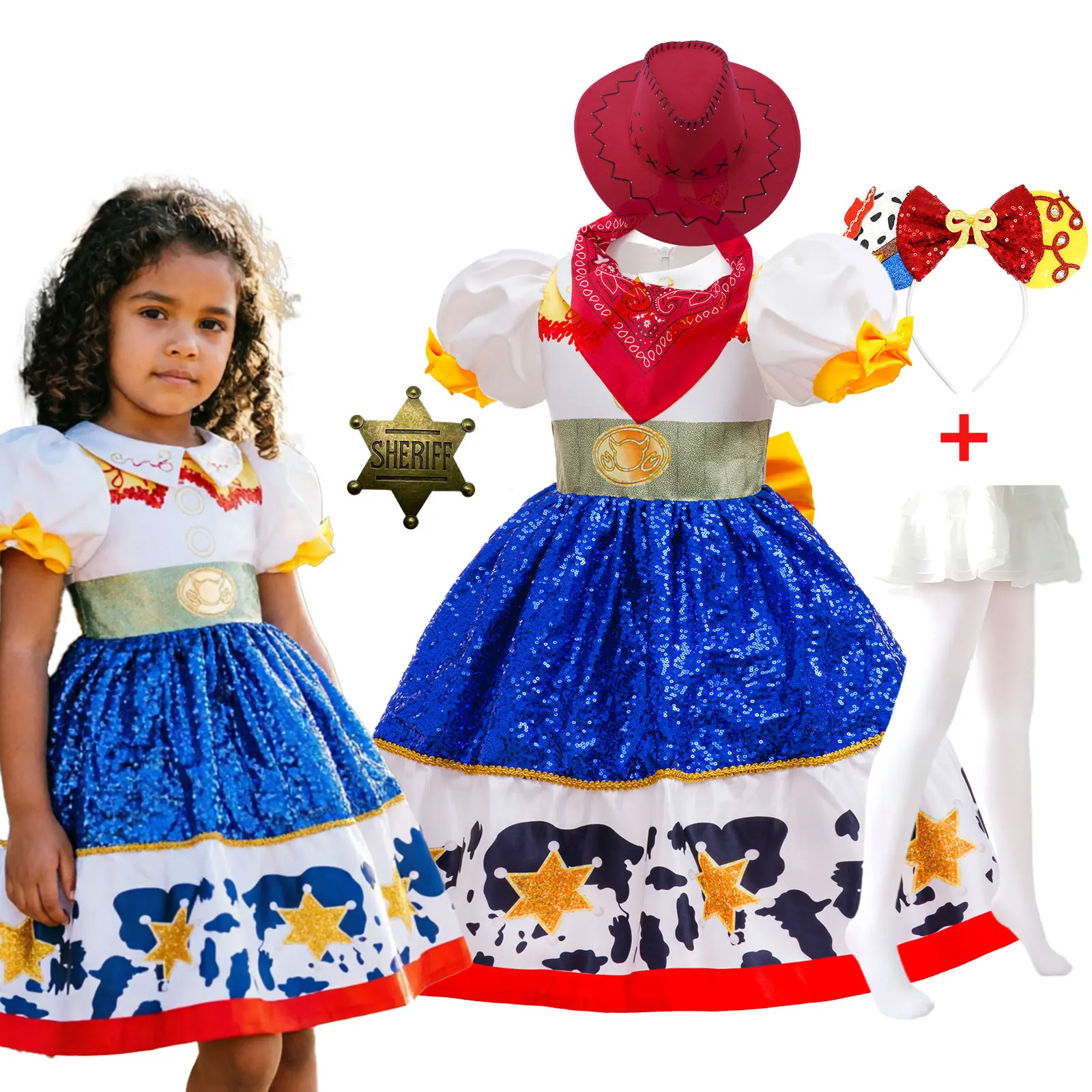 Kids Cool Cowgirl Cosplay Jessie Puff Sleeve Sequined Princess Dress Cow Print Skirt With Bow Girls 2026 Movie Halloween Costume