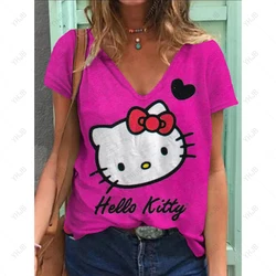 Fashion Women T ShirtHello Kitty Print  V Neck Short Sleeve Basic Tops Streetwear Summer Oversized Clothing Female T-Shirts