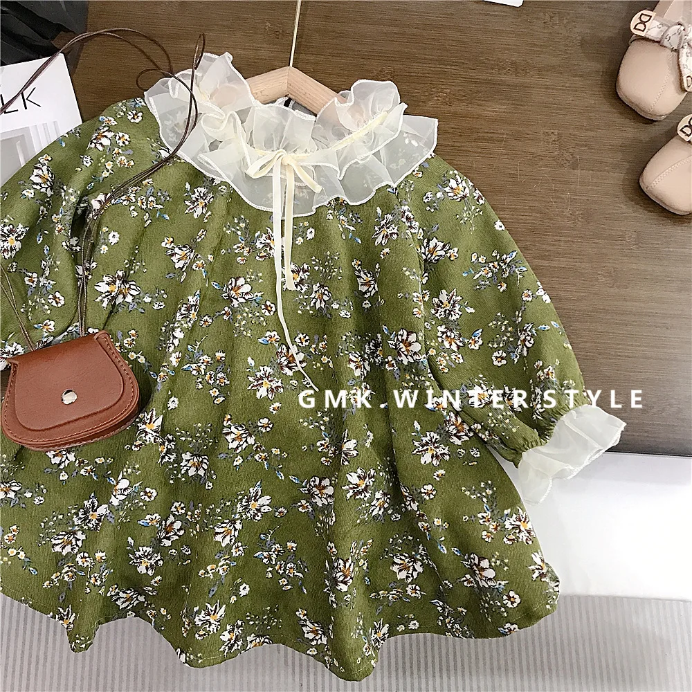 

Korean Autumn Kids Girl Dress Lace Collar Floral Printed Children Girls Dress Loose Long Sleece Corduroy Infant Babys Girl Dress