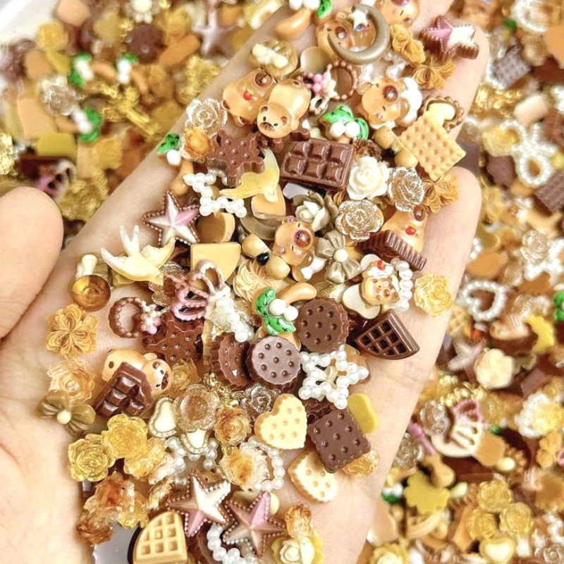 50pcs Resin Coffee Hollow Pearl Bow Biscuits Cartoon Nail Art Jewelry Phone Case Hairpin Diy Decoration Material Accessory