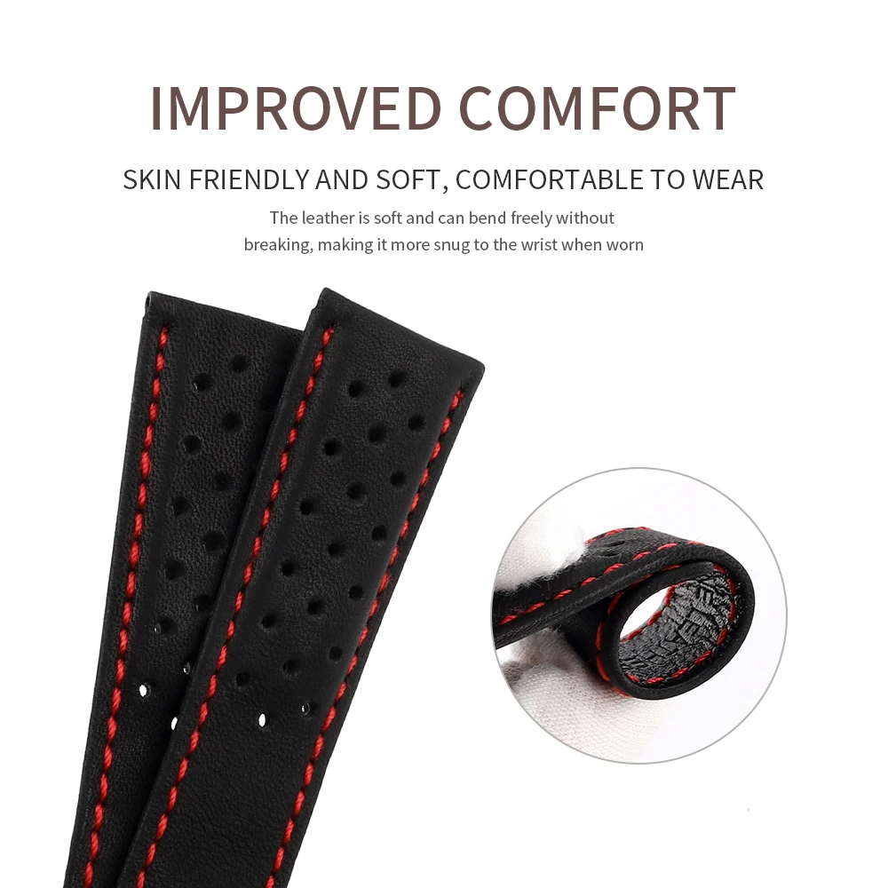 Genuine Leather Black Watchband Breathable Watch Strap Red Stitched 22mm With Stainless Steel Butterfly Buckle Watch Band