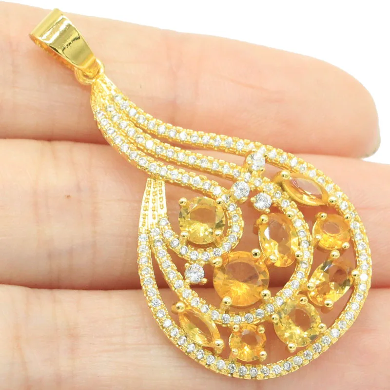 

Buy 5 Get 1 Free 48x26mm Waterdrop Shape Golden Citrine White CZ Women Dating Gold Silver Pendant