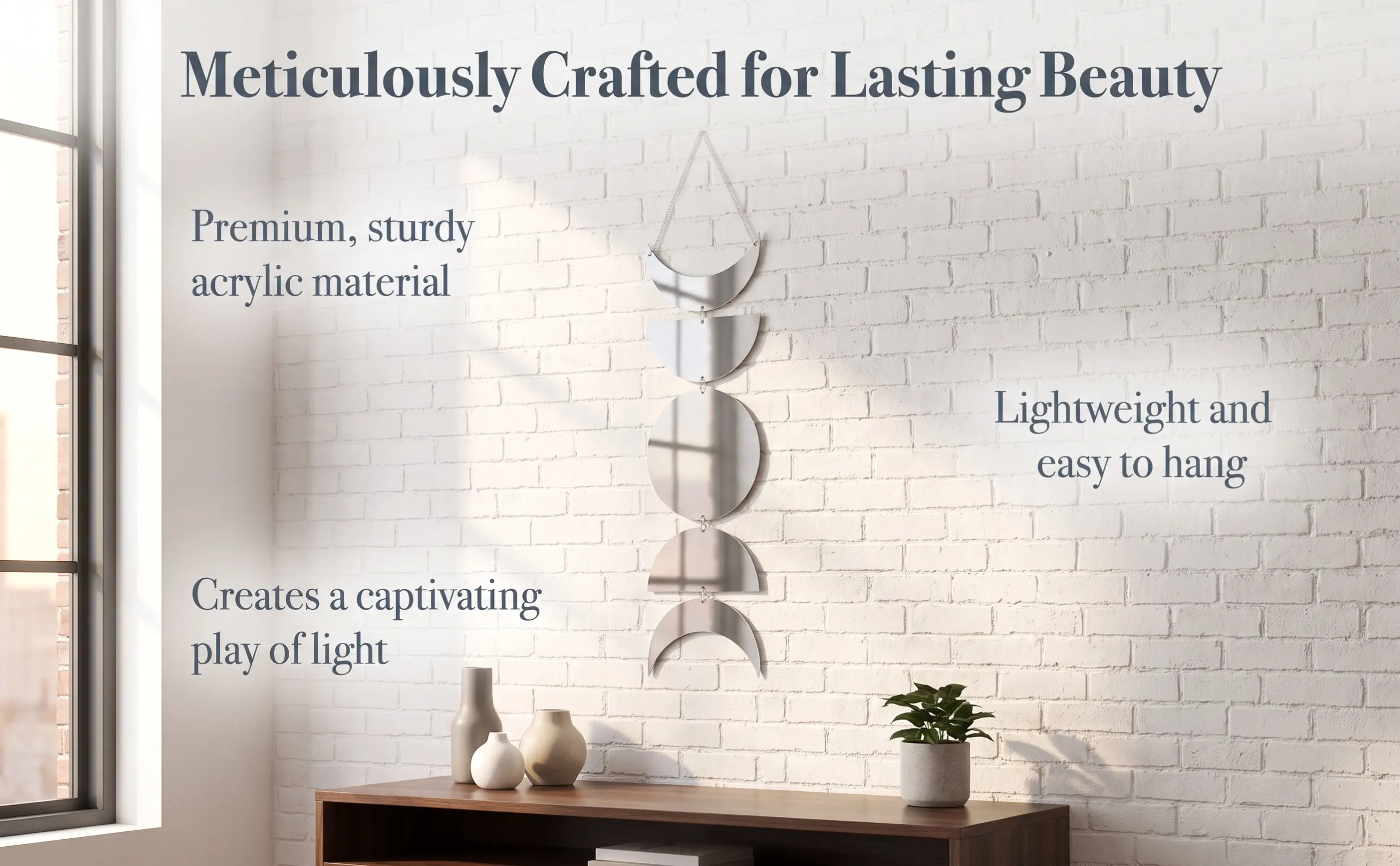 Moon Phase Mirror Acrylic Hanging Pendant Creative Decorative Wall Mirror for Bedroom Living Room Bathroom Home Moon Ornament