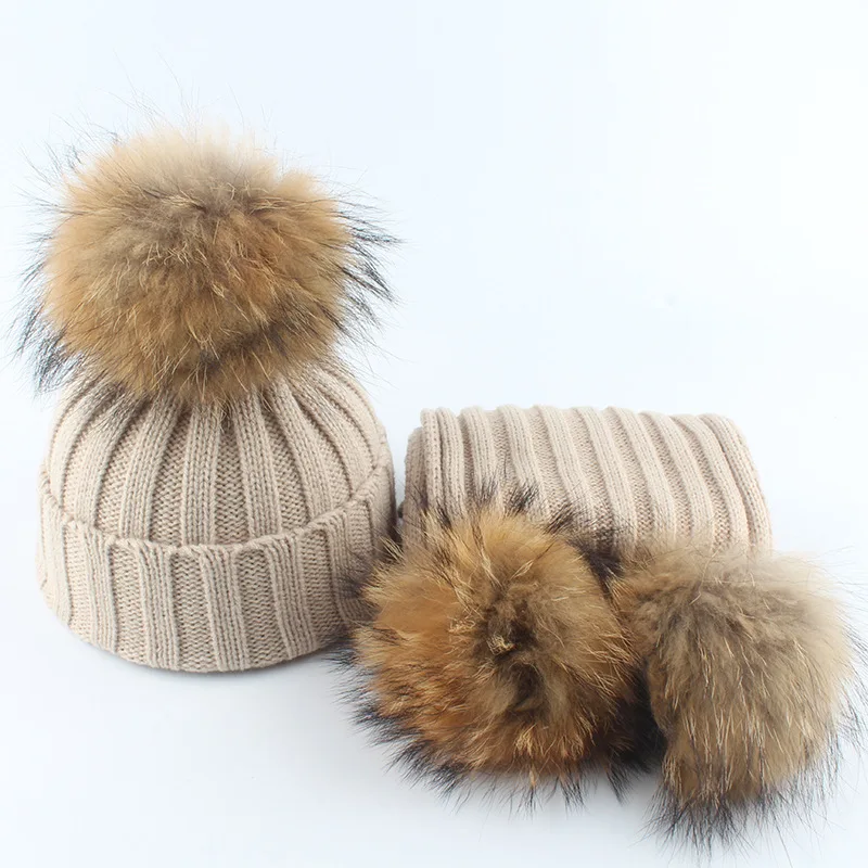 Conjunto de gorro y bufanda de punto informal para niño y niña, gorro cálido de invierno, esquí, de piel Real Pompón, gorros para niño