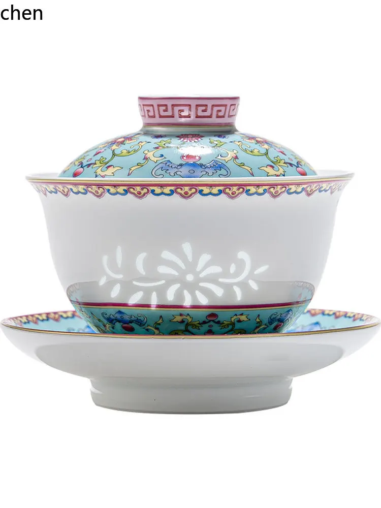 H1 ceramic kung fu tea set, enamel-style new chinese style exquisite gaiwan teacup set, premium quality