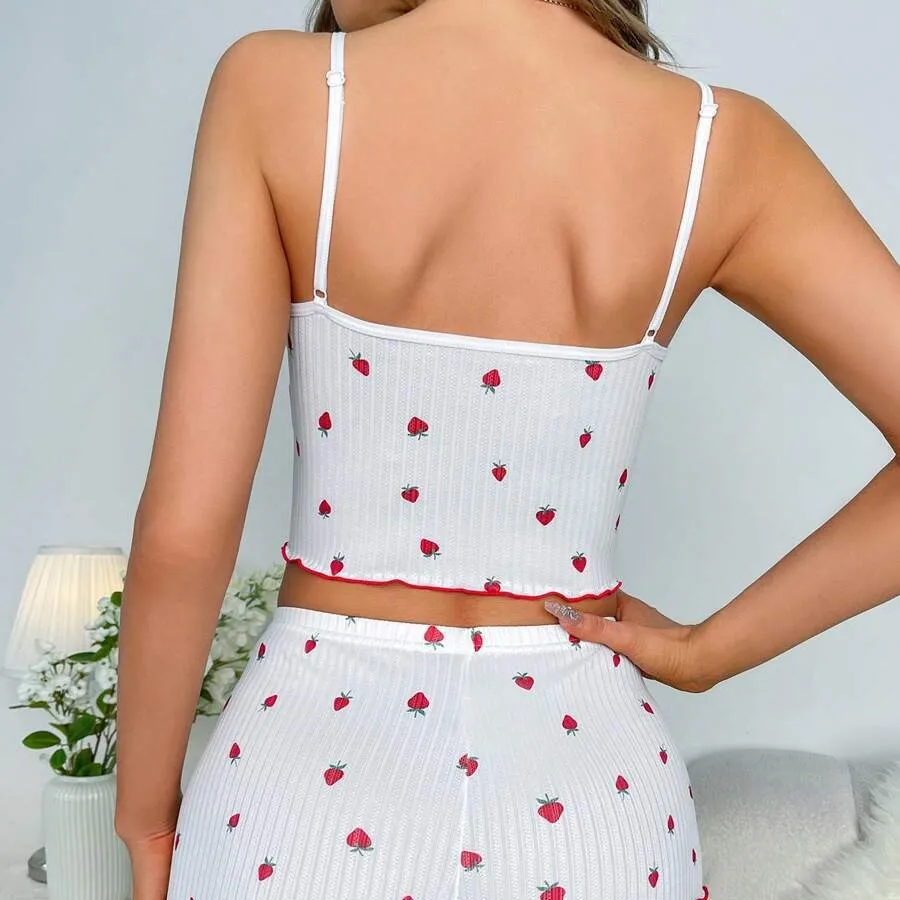 2 PCS Strawberry print Women Pajama Girls Cute Lace Homewear Underwear Thin Casual Night Sleepwear Nightwear Top and Panty Set