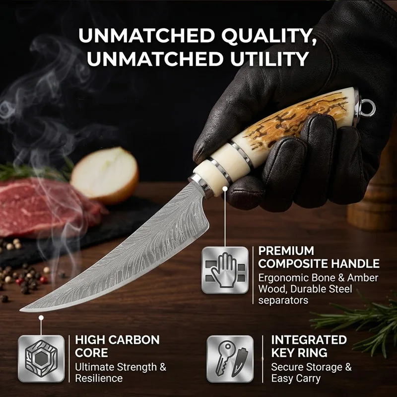 Professional Damascus steel laser engraving bone-cutting knife high-end anti-slip handle, with knife sheath, sharp kitchen knife