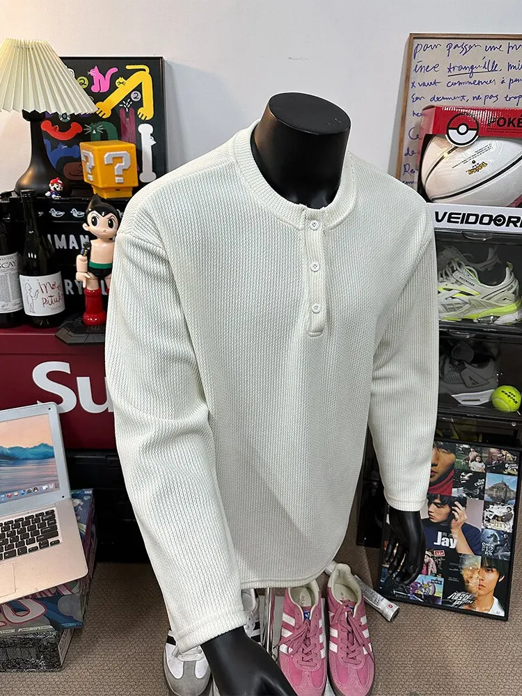 

Henry Collar Base Shirt Men's Loose Spring Autumn Style American Trend Casual Inner Wear Long Sleeve Polyester Spandex