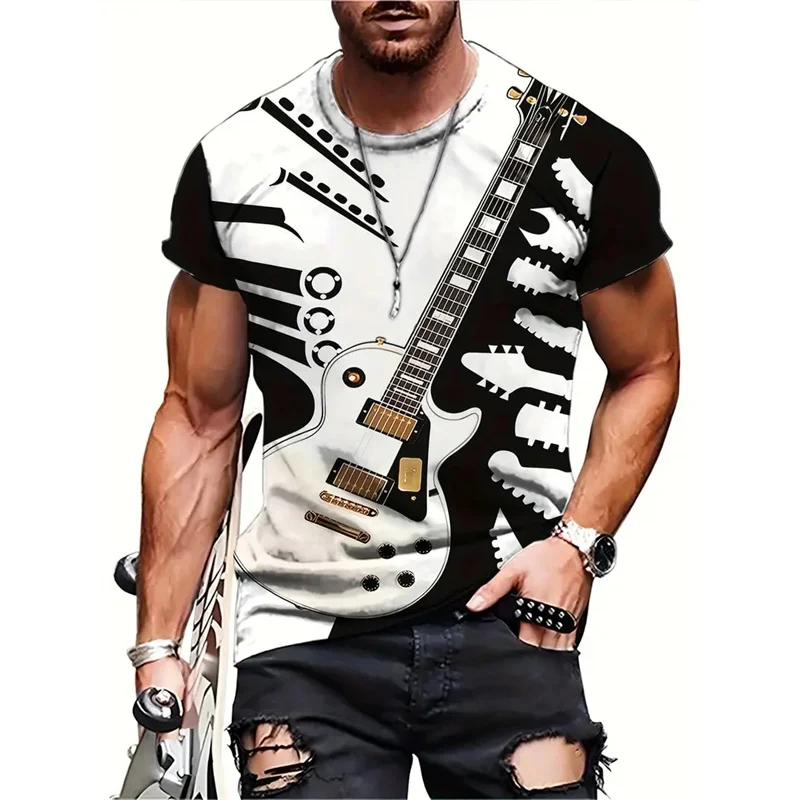 3D Printed Musical Note Art Guitar T-Shirt For Men Pop Music Pattern T Shirts Summer Casual Tees Round Neck Tops Short Sleeves