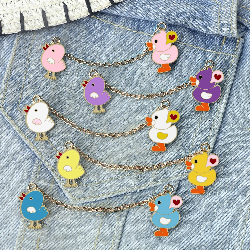 Animal Metal Chain Badges for Kids Cute Little Yellow Chicken Silly Duck Enamel Pins Cartoon Denim Lapel Brooch Backpack Jewelry