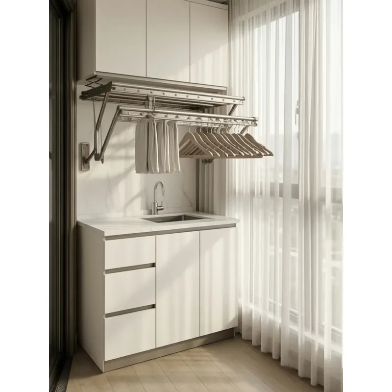 hot-selling laundry room balcony laundry cabinet, laundry sink cabinet, with retractable clothes drying rack and pants rack