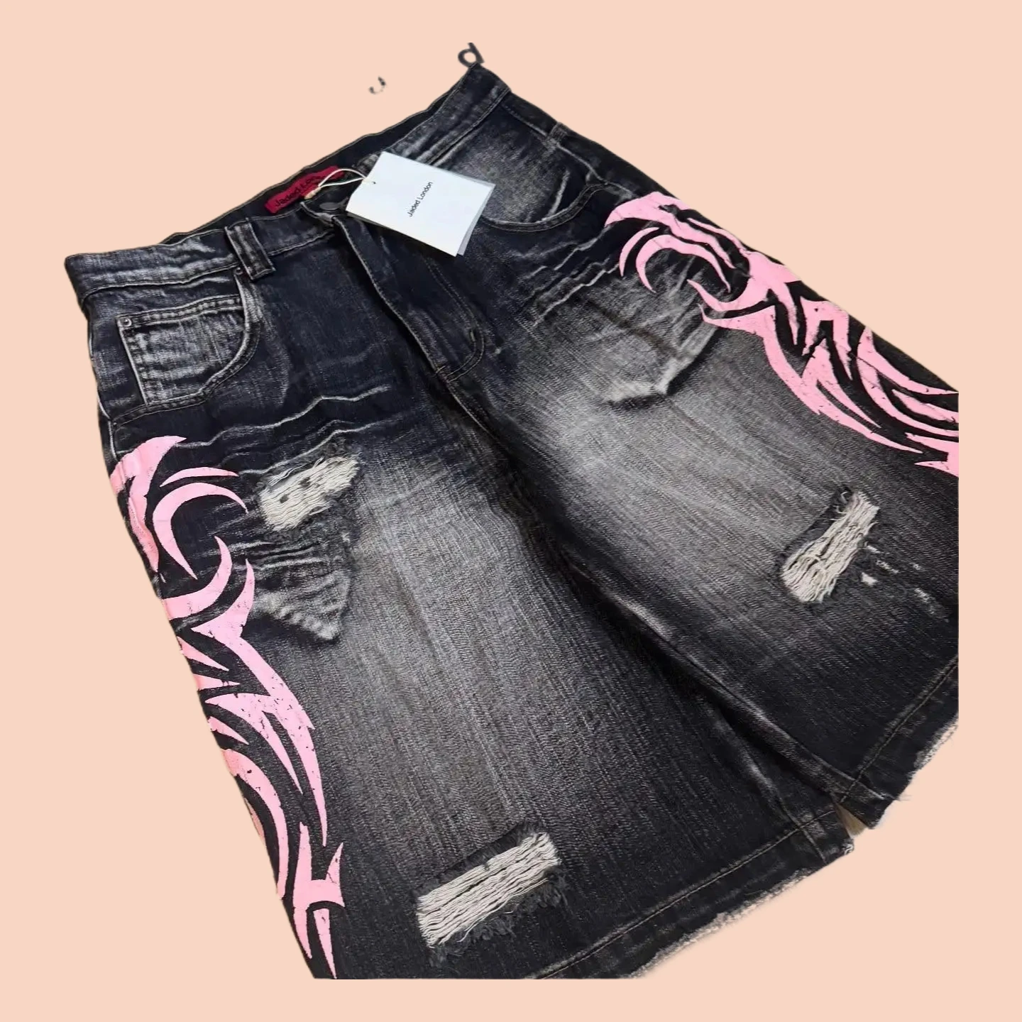 

Women Pink Hole Shorts Y2K American Retro High Street Totem Print Baggy Pants Fashion Korean Rock Harajuku Denim Shorts
