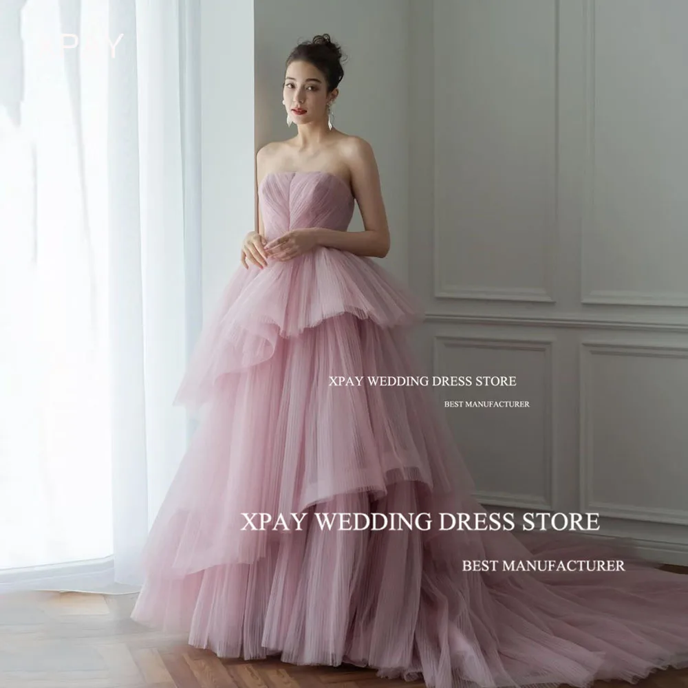 

XPAY Blush Pink Sweetheart Korea Evening Dresses Sleeveless Ruffles Tiered Tulle Formal Party Prom Gown For Wedding Photos Shoot