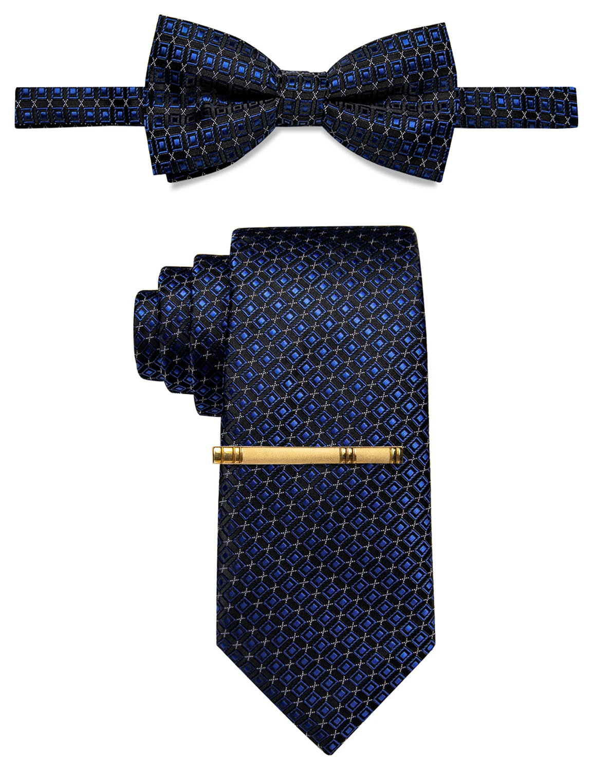 

Dark Blue Plaid Necktie Bowtie Set For Man Luxury Men Tie Clip Set corbatas para hombre Waistcoat Accessories Free Shipping Gift