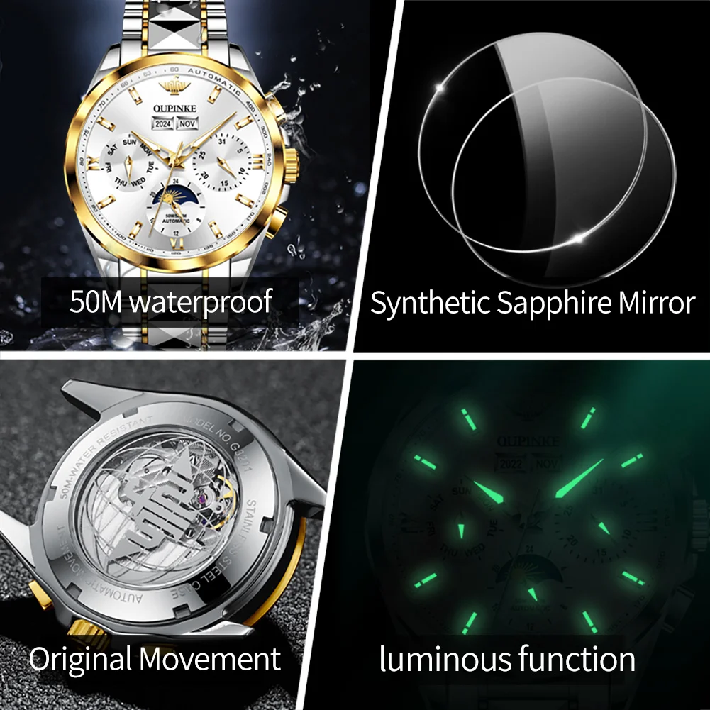 OUPIKE Couple Watch Luxury Men Women All Automatic Mechanical Watch Sapphire Mirror Roman Scale Moonphase Watch Gift Preferred