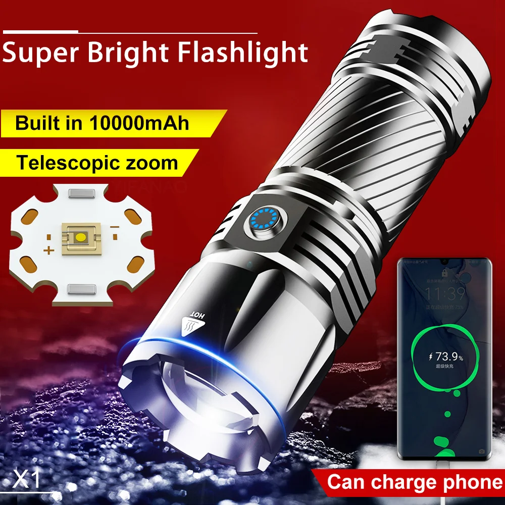 3000M Long Shot Spotlight Flashlight Built in 7800mAH Powerful Rechargeable Tactical Flashlight Zoomable Waterproof for Camping