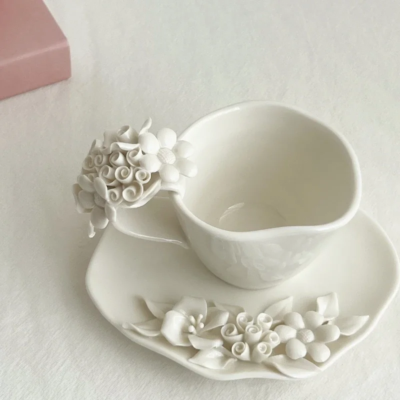 Flower Cup Dish Plate Creative Coffee Cup European Relief Sticky Flower Ceramic Fruit Plate Home Commercial Restaurant