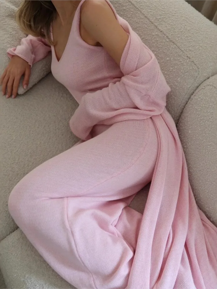 

Spaghetti Strap Knitted Dress 2 Pieces Set For Woman Two Piece Outfits Knitted Solid Color V-link Slim Casual Elegant Homewear