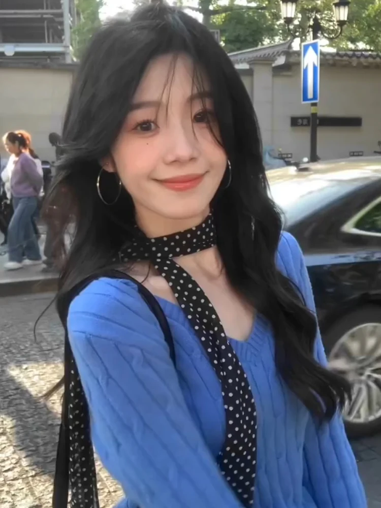 アメリカン Sle スパイシーガール ブルー V-Ne ニットセーター レディース ロング Sve インナーウェア ツイストセーター 通勤 Sle スリムフィット