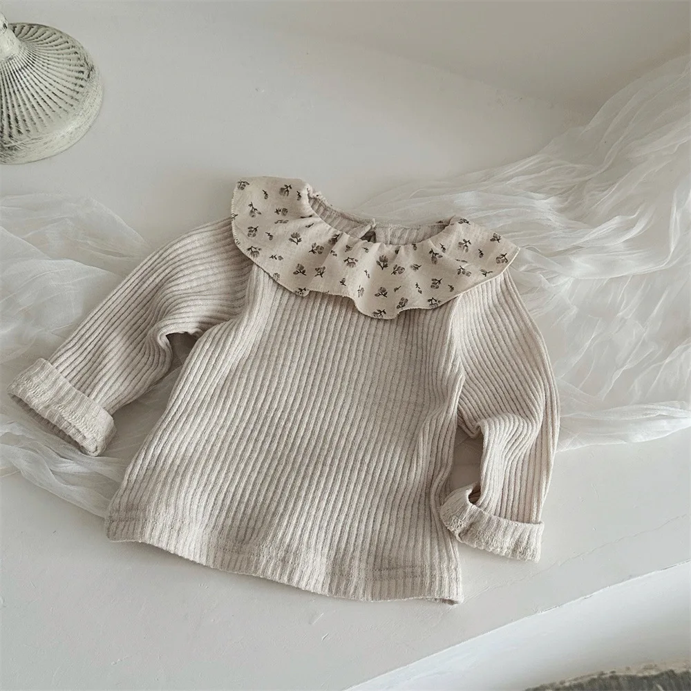 

2025 Autumn New Baby Girl Floral Ruffle Collar Long Sleeve Tops Princess Bottoming Shirt Infant Toddler Cotton Ribbed Clothes