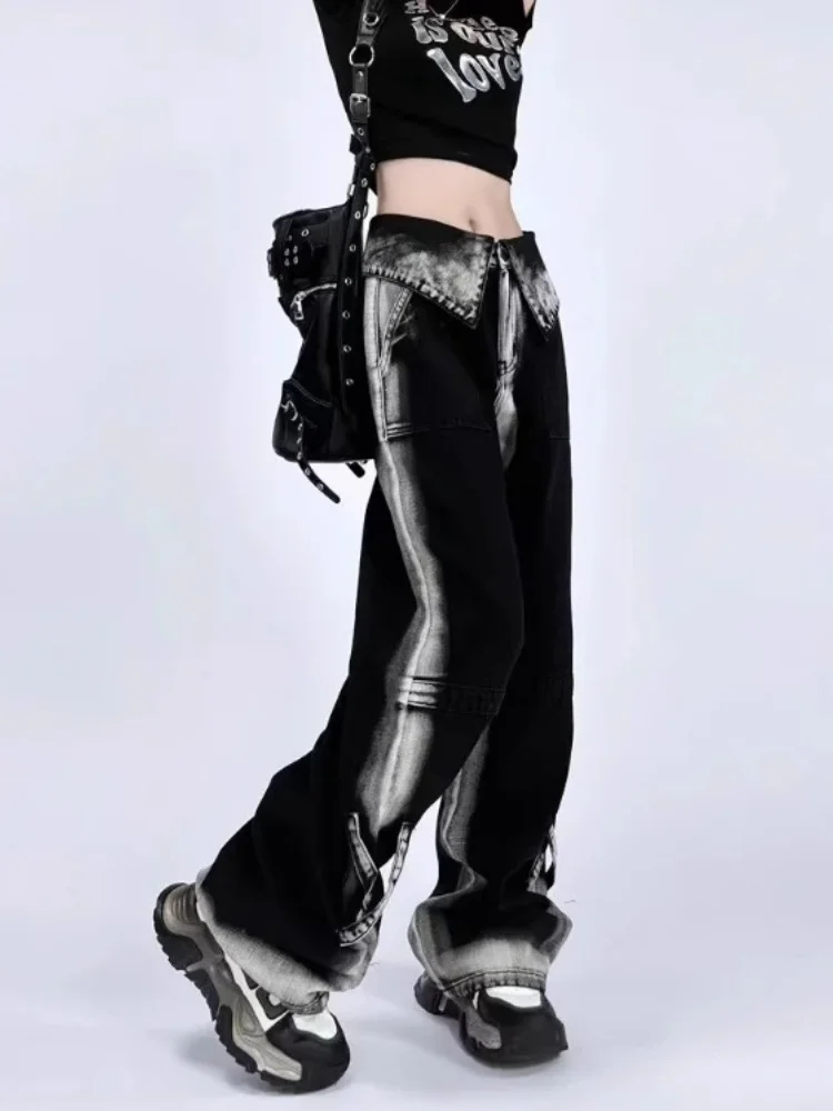 Y2Kコントラストカラージーンズ レディース ハイウエスト ファッション ワイドレッグパンツ 2025新作 カジュアル ストレートデニムパンツ