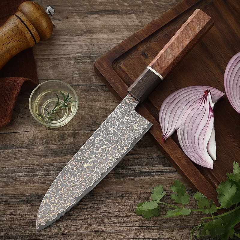 

TJ POP New Three-colour Copper Damascus Steel 7 Inch Japanese Santoku Knife VG10 Chef Knife Sharp Slicing Cooking Kitchen Knife