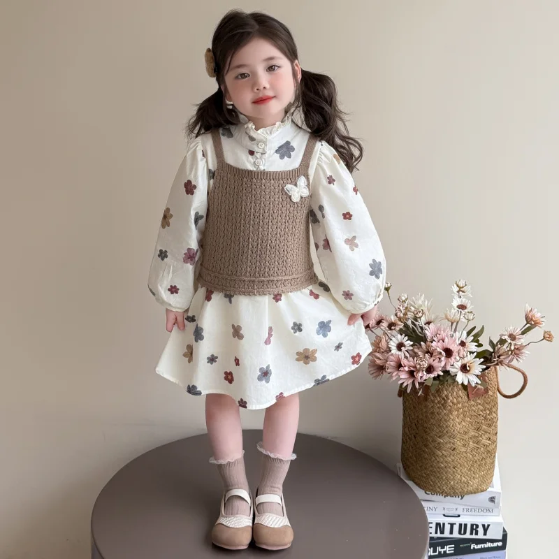 

Girls' Spring and Autumn Outfit2026New Baby Stylish Floral Vest Dress Children's Spring and Autumn Two-Piece Set