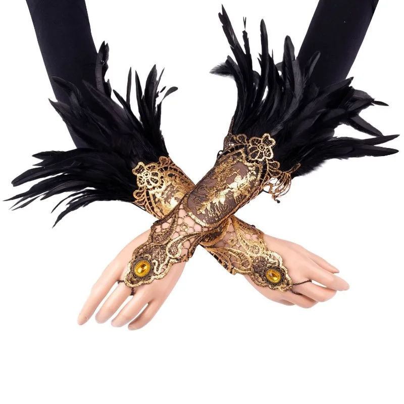 Gothic Feather Lace Gemstone Gloves Wrist Decoration Halloween Arm Sleeves Fake Cuffs Holiday Cosplay Performance Accessories