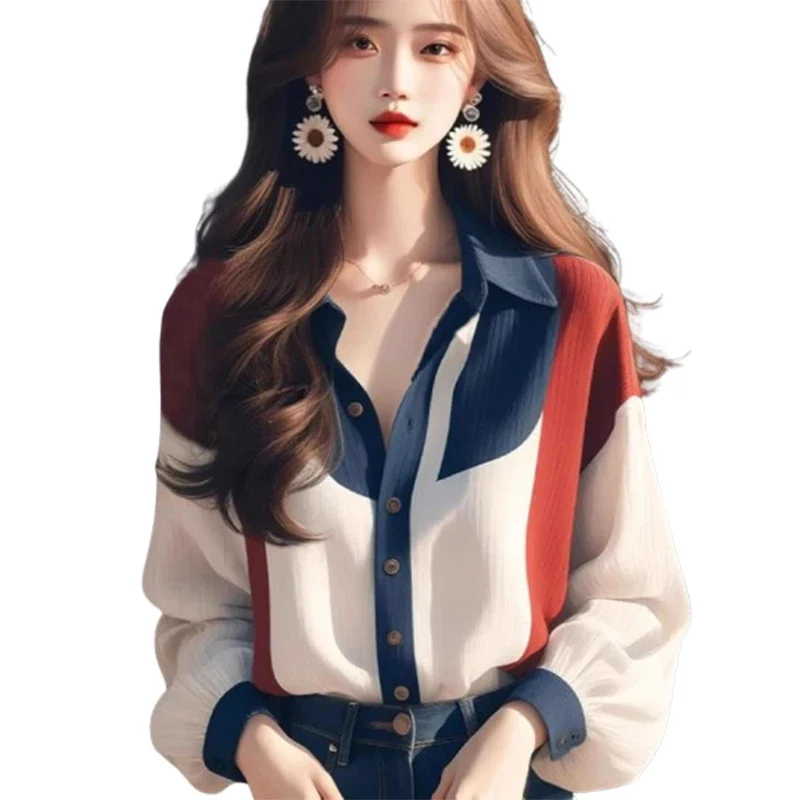 Vintage Women\'s Shirts Spring/summer New Patchwork Women Shirts Loose Long Sleeves Tops Fashion Korean Clothing Sales