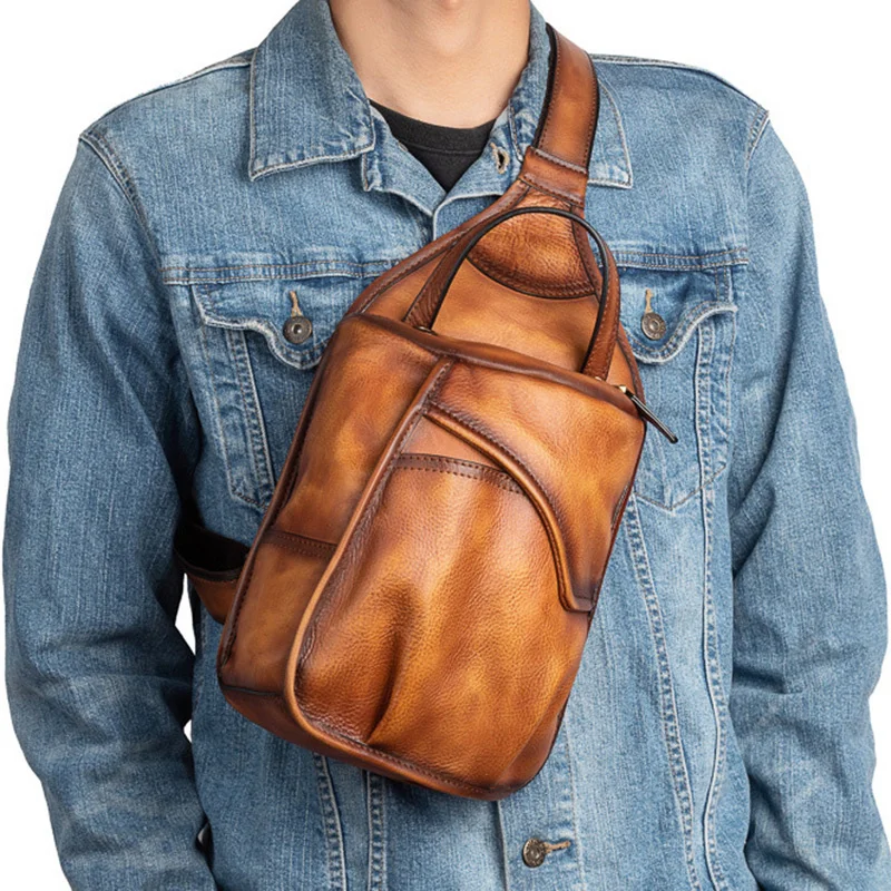 Men Cross body Shoulder Chest Bag Sling Backpack Genuine Leather Retro Designer Real Cowhide Male Messenger Crossbody Side Bags