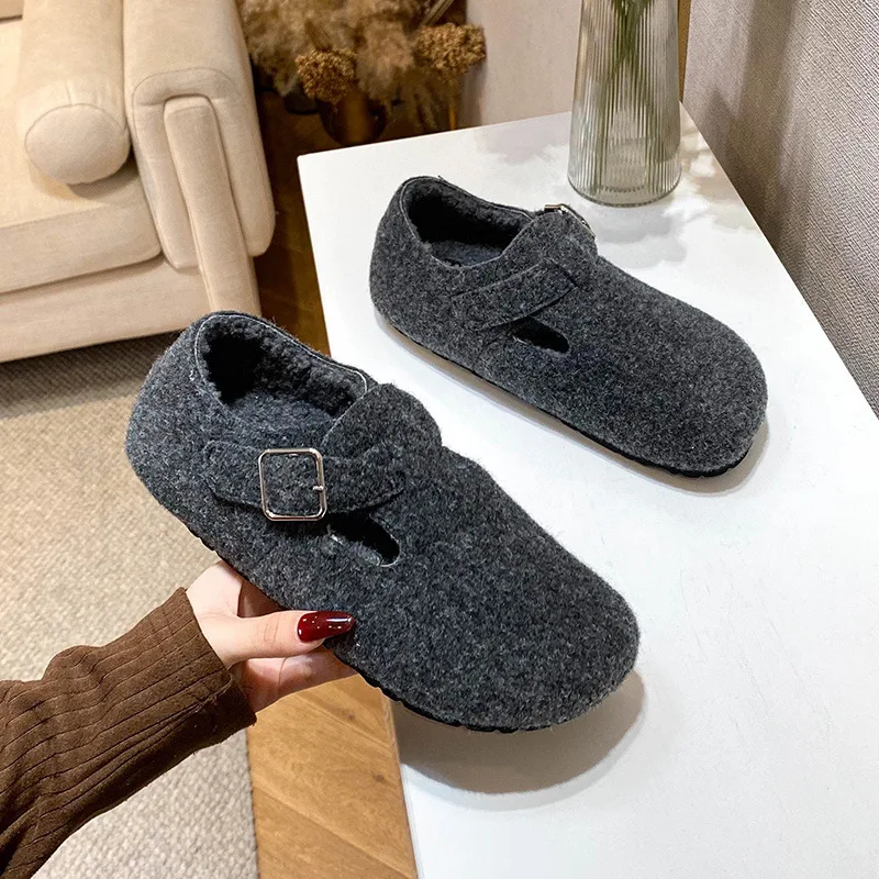 

Flats Platform Shoes Women Loafers Fur Round Toe Shoes Vintage Buckle Comfortable Shallow Slides Winter Warm Loafer Big Size