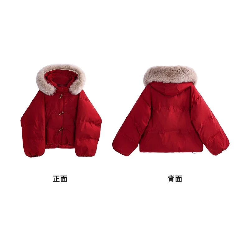 ALXNAN Rote Kurze Daunenjacke Frauen 2025, Winter Echtpelzkragen, Verdickte Warme Daunenjacken Mit Kapuze, Eleganter Freizeitmantel LXN32856