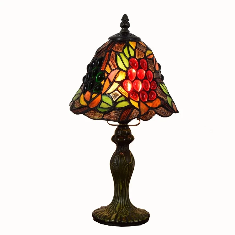 

American Rural Vintage Grape Art Table Lamp Tiffany Stained Glass Bar Dining Room Bedside Small Table Lamp Shade