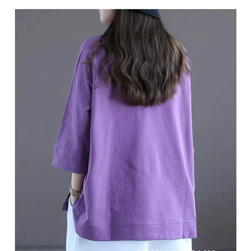 Fashion 2024 Labeling Summer Women 3/4 Sleeve Purple Forking Short Sleeved Casual Loose Large Size Popularity All Match T-shirt