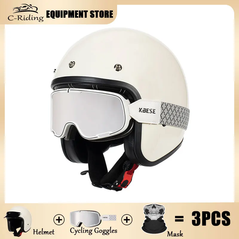 

Milky White with New Fashion Silver Goggles Open Face Motorcycle Helmet Retro Scooter Riding 3/4 Jet Casco Moto Capacete