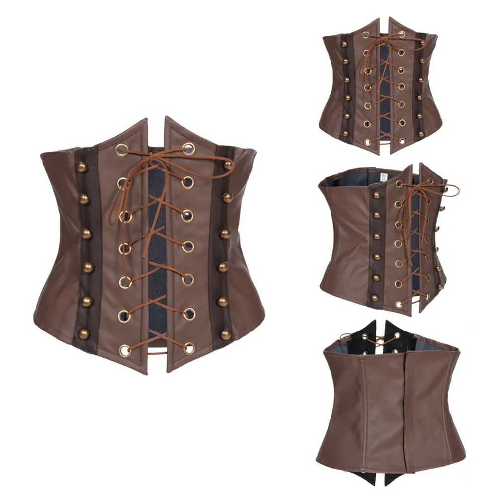 Damen Steampunk Unterbrust-Korsett Braunes Kunstleder-Bustier mit Metallnieten Goldene Nieten Hochgeschlossenes Vintage Gothic-Oberteil – Detail 5