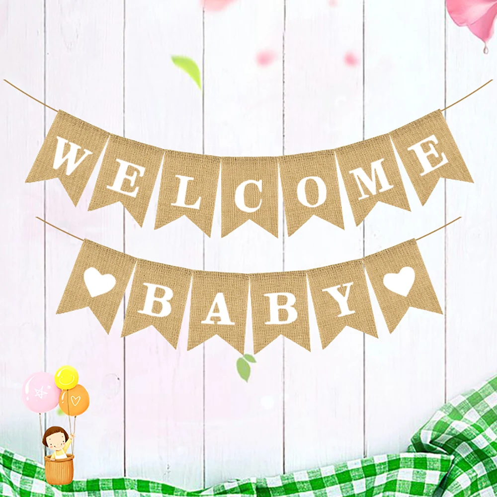 1set Baby Shower Party Pull Flag, Rustic Welcome Baby Burlap Banner For Birthday Party